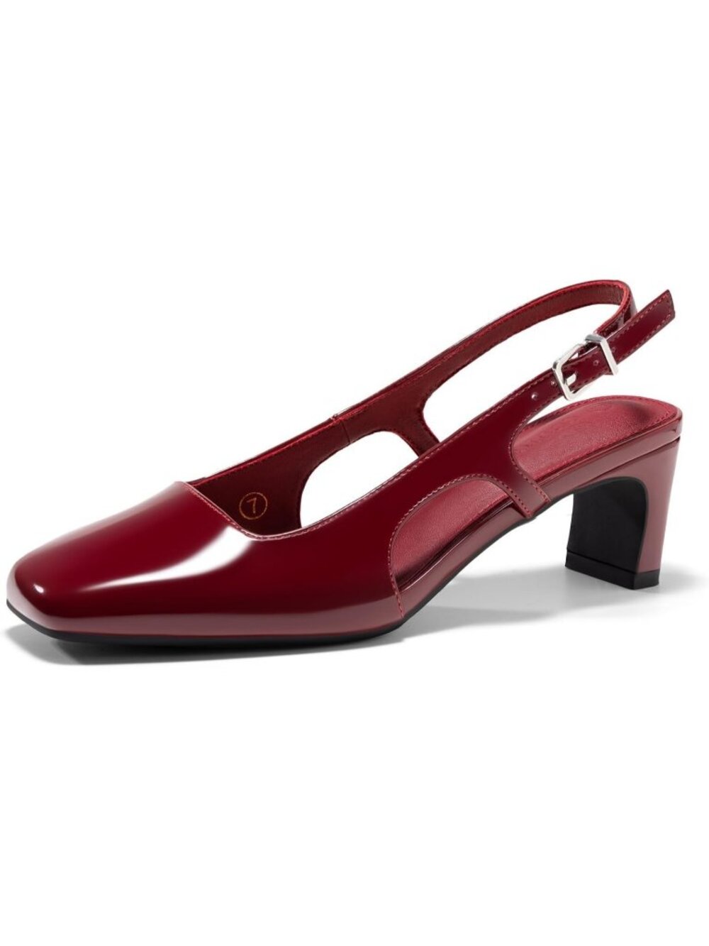 Women's Burgundy Patent Closed Square Toe Slingback Chunky Low Heels Pumps Shoes